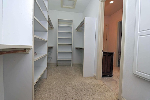 spacious closet featuring light colored carpet