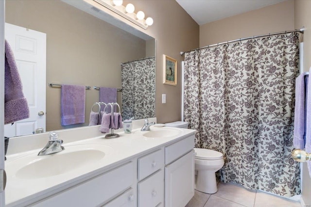 bathroom with walk in shower, tile patterned flooring, vanity, and toilet