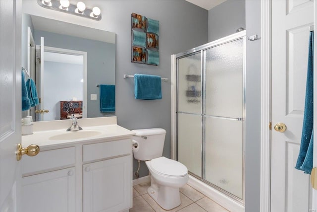 bathroom featuring walk in shower, vanity, toilet, and tile patterned floors