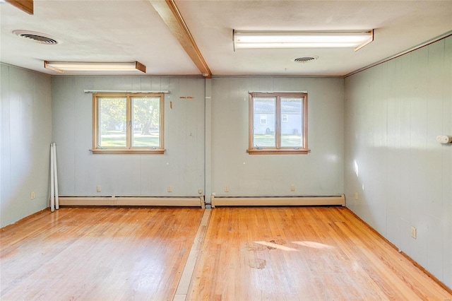 unfurnished room featuring wooden walls, light hardwood / wood-style floors, and plenty of natural light