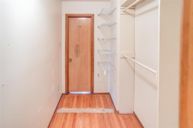 walk in closet with light hardwood / wood-style floors