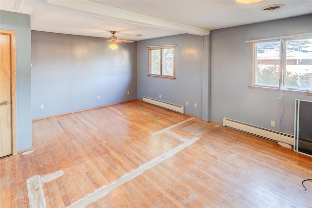 empty room featuring light hardwood / wood-style floors, baseboard heating, and ceiling fan