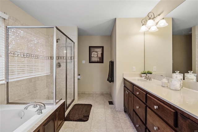 bathroom with vanity, separate shower and tub, and tile patterned floors