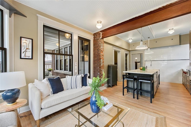 living room featuring light wood-type flooring and sink