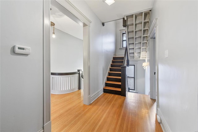 stairway featuring hardwood / wood-style flooring