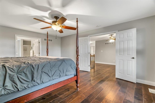 bedroom featuring ceiling fan and dark hardwood / wood-style floors