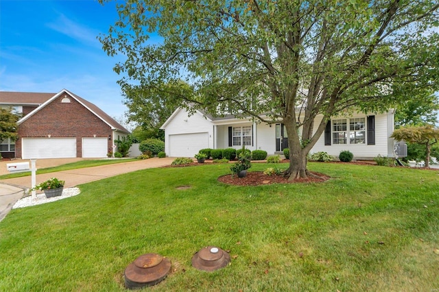 ranch-style home with central AC, a front lawn, and a garage