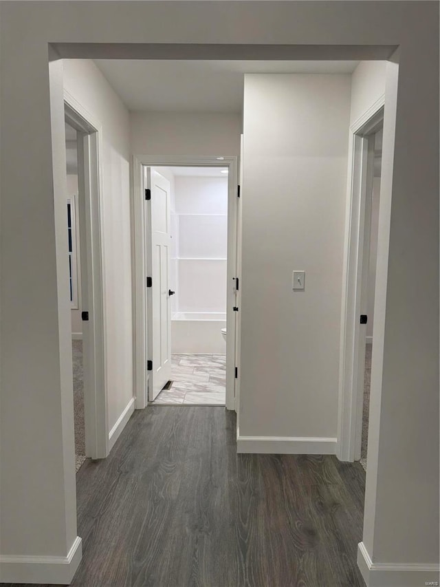 corridor featuring dark wood-type flooring