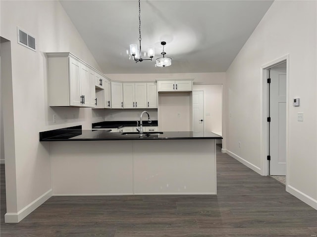 kitchen featuring white cabinets, sink, hanging light fixtures, dark hardwood / wood-style floors, and kitchen peninsula