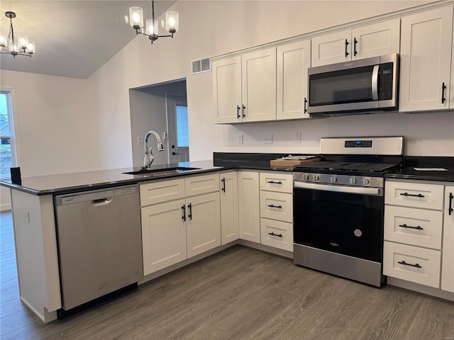 kitchen featuring sink, a notable chandelier, kitchen peninsula, pendant lighting, and appliances with stainless steel finishes