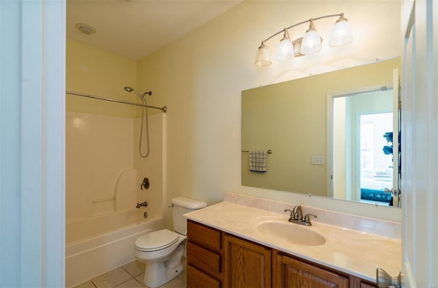 full bathroom with shower / bathing tub combination, vanity, toilet, and tile patterned floors