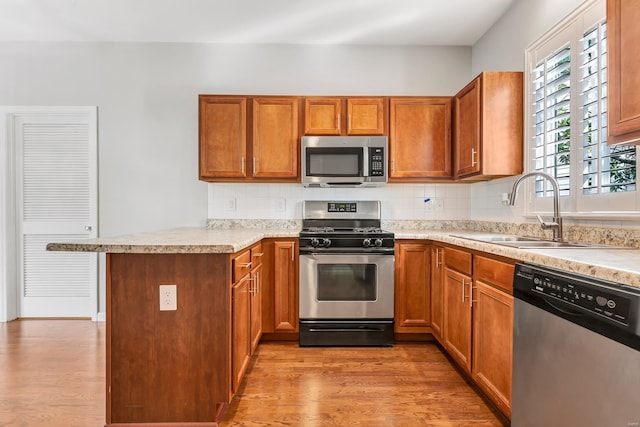 kitchen featuring tasteful backsplash, kitchen peninsula, stainless steel appliances, light wood-type flooring, and sink