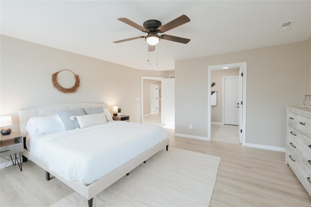 bedroom featuring light hardwood / wood-style floors and ceiling fan