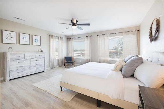 bedroom featuring light wood-type flooring and ceiling fan