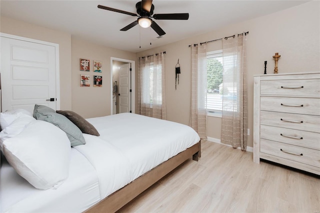 bedroom featuring light hardwood / wood-style flooring and ceiling fan