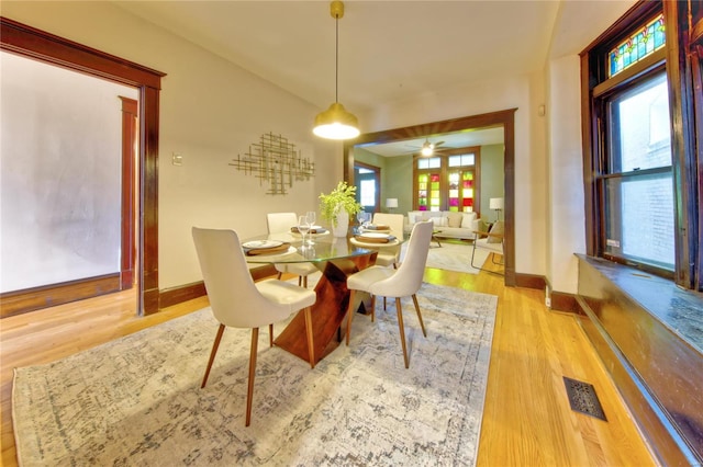 dining room featuring wood-type flooring, plenty of natural light, and ceiling fan