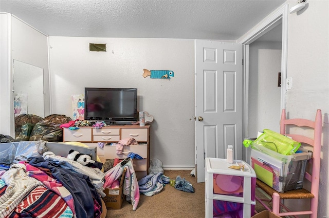 carpeted bedroom with a textured ceiling