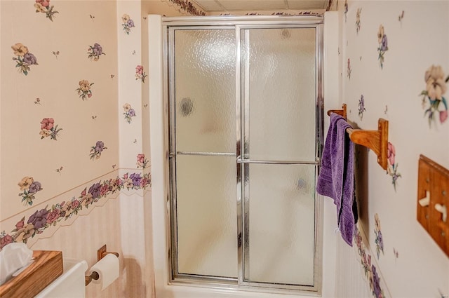 bathroom featuring a shower with shower door