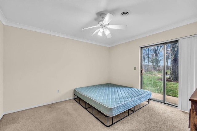 carpeted bedroom with access to exterior, ornamental molding, and ceiling fan