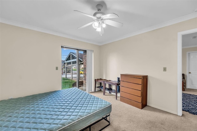 carpeted bedroom with ornamental molding, access to outside, and ceiling fan