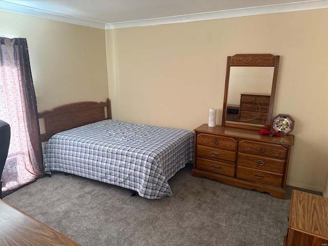 carpeted bedroom with ornamental molding