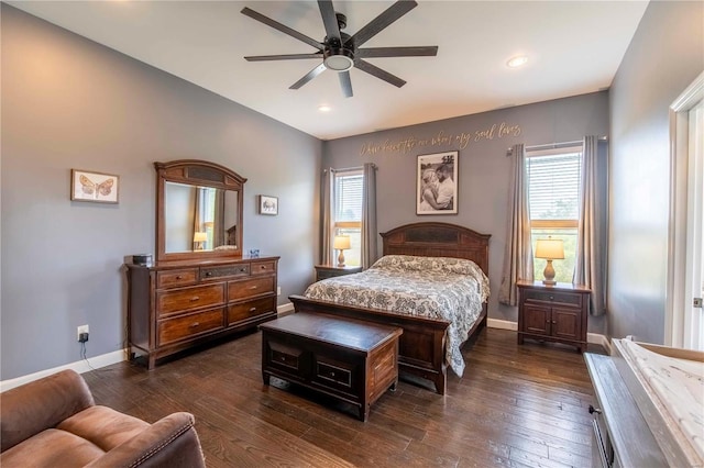 bedroom featuring ceiling fan and dark wood-type flooring