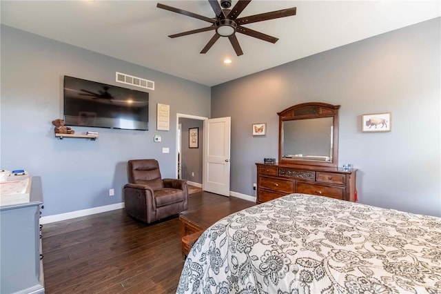 bedroom featuring ceiling fan and dark hardwood / wood-style flooring