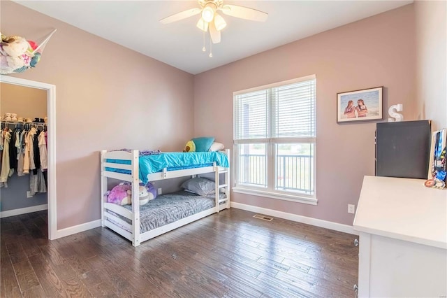 bedroom featuring a spacious closet, a closet, ceiling fan, and dark hardwood / wood-style flooring