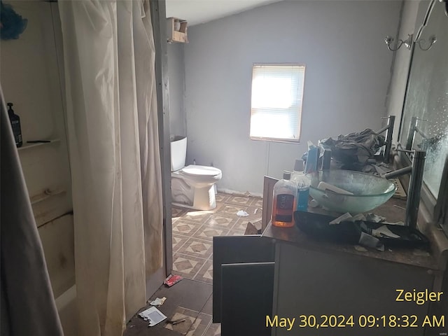 bathroom with walk in shower, vanity, and toilet