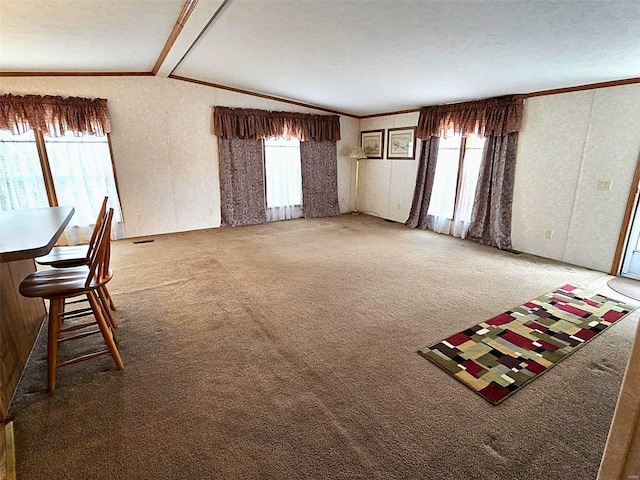 interior space with a textured ceiling, carpet, lofted ceiling, and crown molding