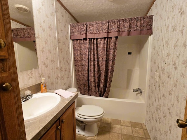 full bathroom with shower / bath combination with curtain, a textured ceiling, vanity, and toilet