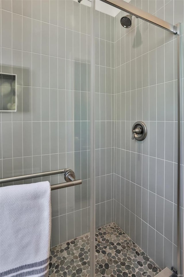 bathroom with a shower with door