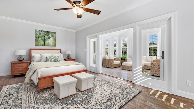 bedroom with ceiling fan, ornamental molding, wood-type flooring, and access to outside