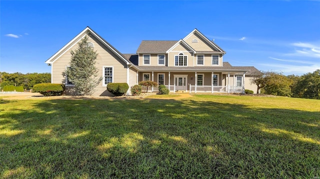 view of front of property with a front yard and covered porch