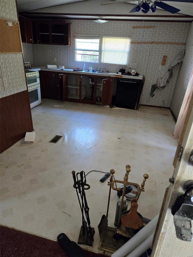 kitchen with white range, dishwasher, dark brown cabinets, and ceiling fan