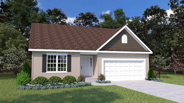 view of front of property featuring a front yard and a garage