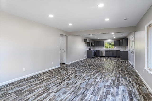 unfurnished living room with sink and dark hardwood / wood-style floors