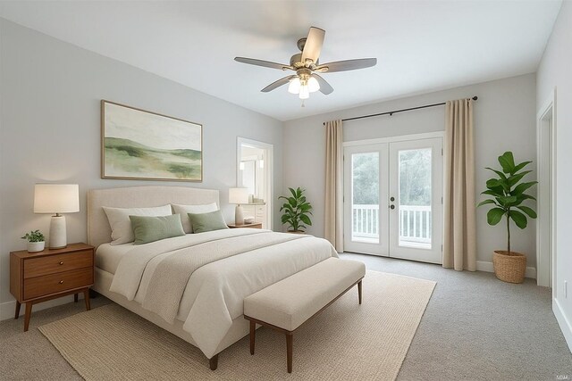 bedroom with baseboards, light colored carpet, access to exterior, and french doors