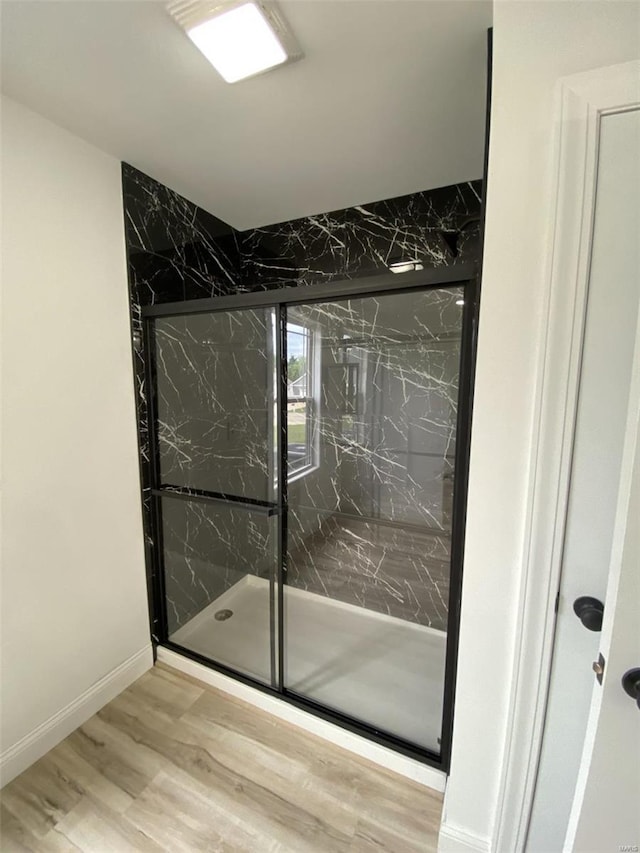 bathroom with hardwood / wood-style floors