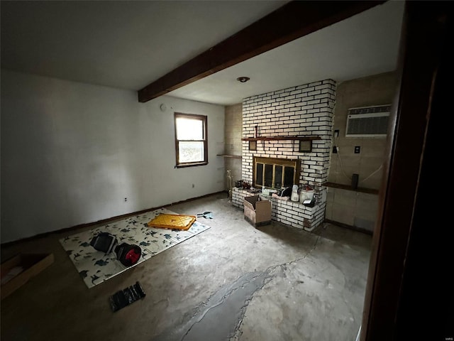 interior space featuring an AC wall unit, beamed ceiling, and a brick fireplace