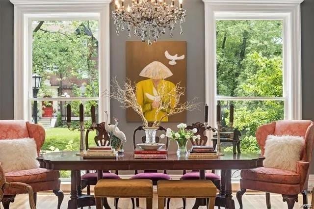 sunroom / solarium featuring an inviting chandelier and plenty of natural light