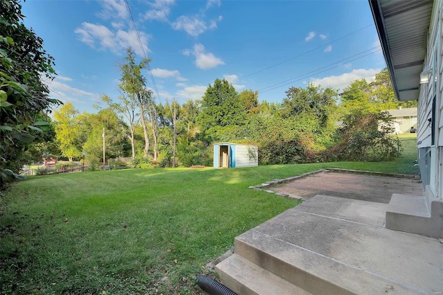 view of yard featuring a storage shed and a patio