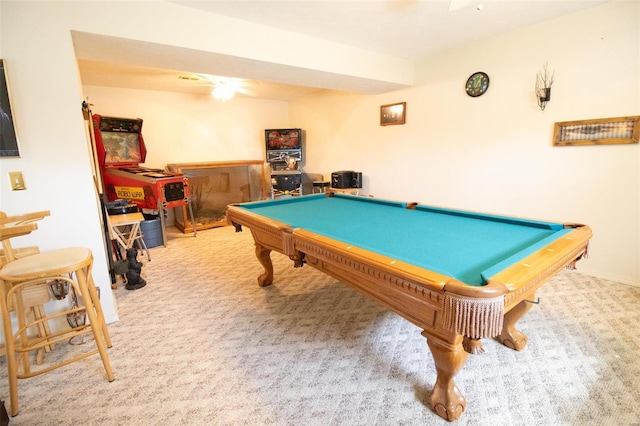 game room with billiards and light colored carpet