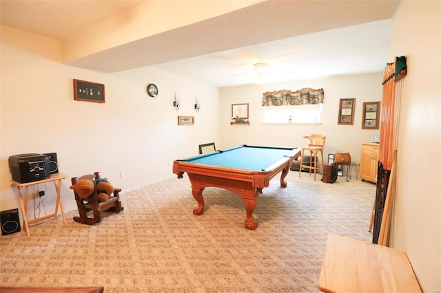 game room with ceiling fan, light colored carpet, and billiards