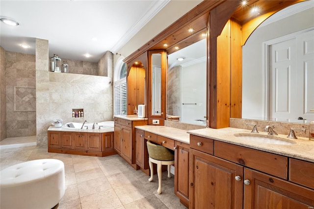 bathroom with ornamental molding, tile walls, vanity, and shower with separate bathtub