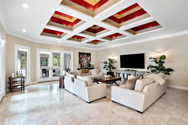 living room featuring french doors, ornamental molding, coffered ceiling, and beam ceiling