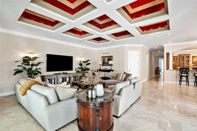 living room featuring crown molding, coffered ceiling, decorative columns, and beamed ceiling