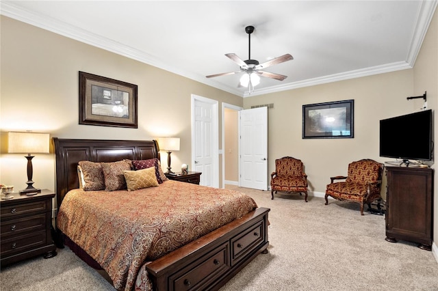 bedroom featuring ceiling fan, light colored carpet, and ornamental molding