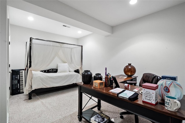 carpeted bedroom featuring beam ceiling