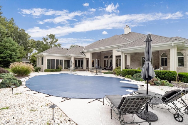 view of pool featuring a patio and a diving board